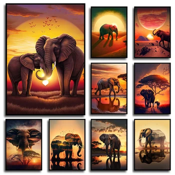 Дикие животные, слон, пейзаж с закатом, плакаты и принты, картины на холсте, настенные рисунки для интерьера гостиной, домашнего декора