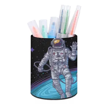 Круглый держатель ручки с изображением Вселенной, нарисованный Астронавтом, подставка для карандашей из искусственной кожи, держатель для кистей для макияжа, Органайзер для ручек для офиса и дома