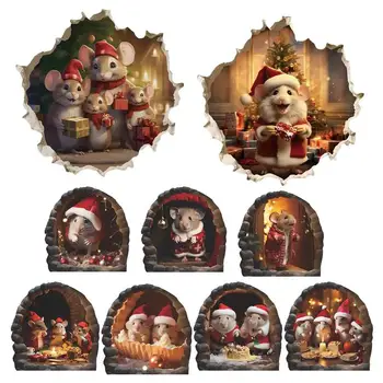 3D Рождественские наклейки с Рождеством, наклейки с наклейками на стены, милая мышь, Санта-Клаус, Рождественские наклейки на стены, декоративные наклейки из ПВХ