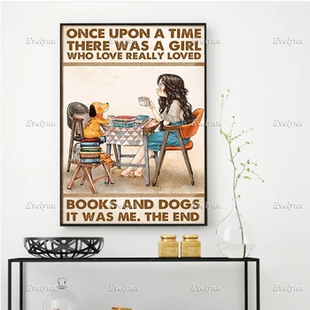 Любители книг и собак Жила-была Девочка, которая Любила, по-настоящему Любила Книги, собак, Плакат, домашний декор, принты, Настенное искусство, холст