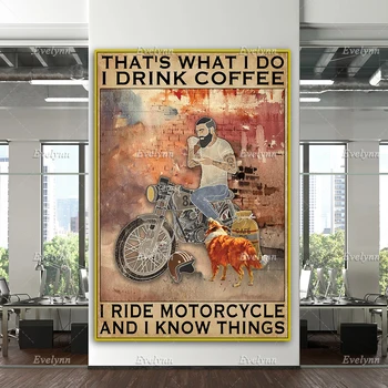 Я пью кофе, Я езжу на мотоцикле, Ретро-плакат с мотоциклом, Кофе С мотоциклом, Домашний декор, Настенные принты на холсте, Уникальный подарок