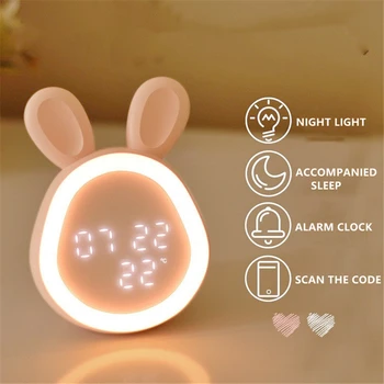 Милый кролик-будильник, USB-зарядка, мини-умные светодиодные часы с ночником, прикроватные электронные часы для детей, настольные часы