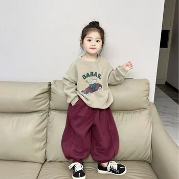 Зимний комплект одежды из 2 предметов для девочек в Корейском стиле, Хлопковые Пуловеры с буквами, Однотонные флисовые спортивные штаны, спортивный костюм для девочек, одежда для маленьких девочек