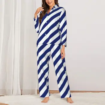Темно-синяя Белая пижама в морском стиле, Осенние Диагональные полосы, Милая пижама для отдыха, женская Винтажная пижама Оверсайз-дизайна.