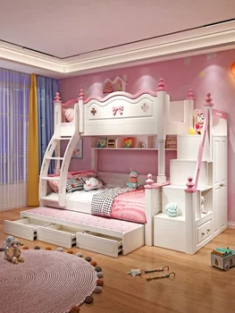 Верхние и нижние двухъярусные кровати, материнская кровать из массива дерева, двуспальная кровать, верхние и нижние двухъярусные кровати, высокие и низкие кровати