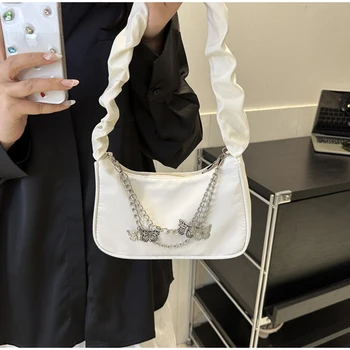 Модная сумка через плечо, мини-сумочка с бабочкой и цепочкой, винтажная однотонная повседневная женская сумка из ткани Оксфорд, мягкая