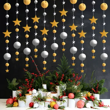 Рождественский Подвесной Кулон С двойным зеркалом и Круглыми Золотыми Звездами, Гирлянды С Рождественским Украшением, Баннер с Новым Годом