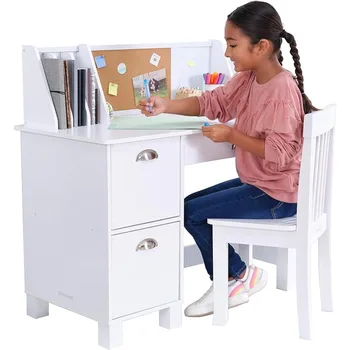 Доска объявлений и шкафы Детский стол Деревянный рабочий стол для детей со стулом Белая Бесплатная детская мебель