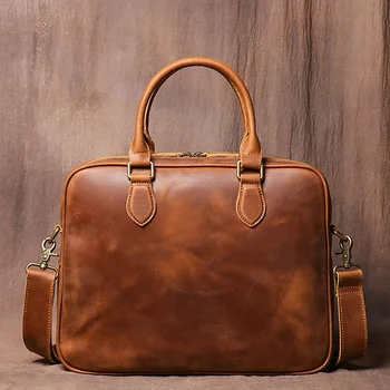 Кожаный мужской портфель Crazy Horse для мужчин, подходящий для хранения документов, 14 сумок-мессенджеров, деловая коричневая сумка в стиле ретро