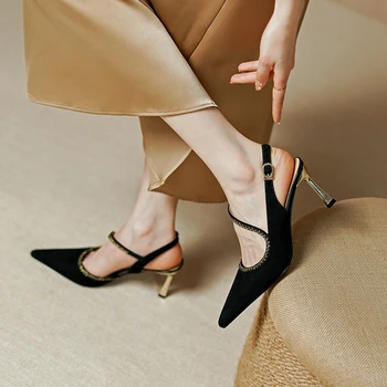 2022 Летняя / весенняя женская обувь, сандалии с острым носком на тонком каблуке, Однотонные туфли на высоком каблуке, лаконичные туфли из овечьей замши, модельные туфли для женщин