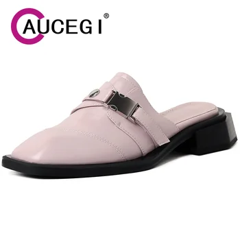 Aucegi/ Новинка; Летние женские туфли-лодочки с квадратным закрытым носком и пряжкой; Шлепанцы без застежки; Женские туфли на низком высоком каблуке; туфли ручной работы розового цвета;