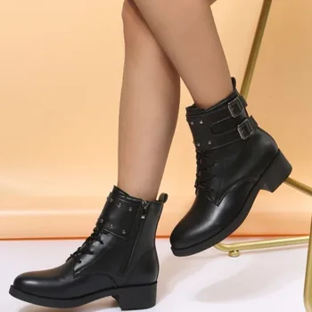 2023 г. Высококачественная Женская обувь, Зимние женские ботинки, Однотонные ботинки С круглым носком, на шнуровке, Молнии и пряжке, на среднем каблуке, Zapatillas De Mujer