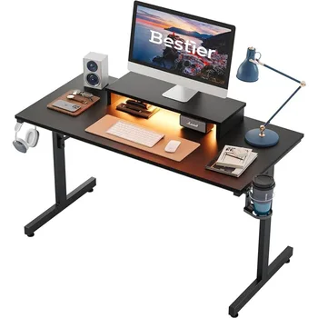 Маленькие компьютерные столы с подставкой для монитора, офисный стол со светодиодной подсветкой 42 дюйма, письменный стол для учебы с подстаканником и крючками для гарнитуры, черный