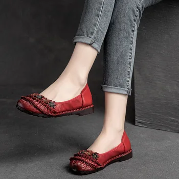 Весенняя мода 2022 года Цветочный дизайн, однотонные туфли на плоской подошве с круглым носком, винтажные женские туфли-лодочки из натуральной кожи, Женская обувь ручной работы