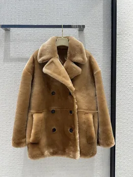 Шерстяное пальто с мехом, двубортный дизайн, повседневная мода 2024, осень, новинка, хит продаж 0103