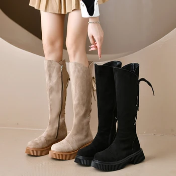 BCEBYL / Новая модная Женская обувь с круглым носком и квадратным каблуком и перекрестным ремешком, однотонные износостойкие Повседневные удобные длинные ботинки