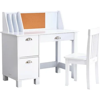 Деревянный рабочий стол для детей со стулом, доской объявлений и шкафчиками, белый