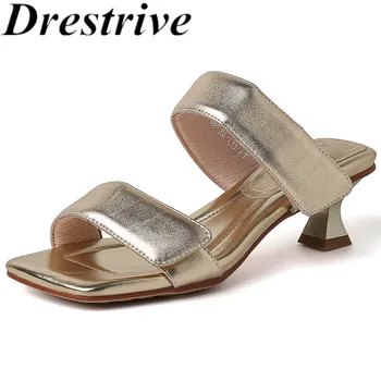 Drestrive 2023 Модные женские Босоножки с квадратным носком из натуральной кожи и овчины на среднем каблуке Летняя обувь Тапочки высшего качества