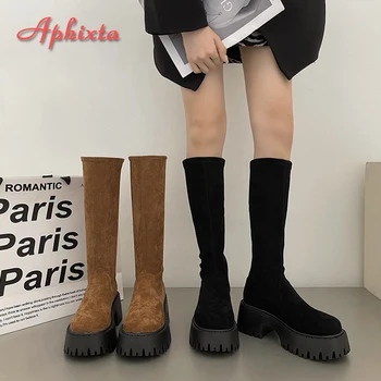 Aphixta/ Классическая мягкая женская зимняя обувь, женские длинные высокие сапоги, замшевые сапоги до колена, Женские модные ботинки на платформе Mujer