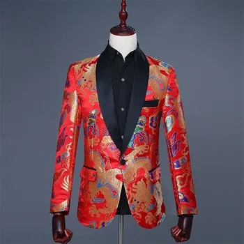 2019 Мужской блейзер с красной жаккардовой вышивкой в китайском стиле с рисунком дракона, приталенный дизайн, свадебный пиджак для жениха