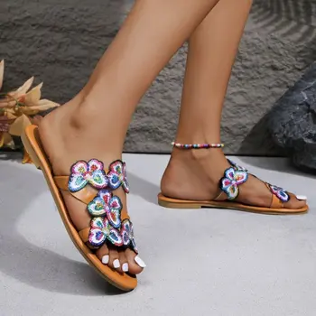 Женская модная повседневная обувь на плоской подошве, летние пляжные сандалии с ремешком на носок с бабочкой, пляжные тапочки, Новые большие размеры 41 42 43
