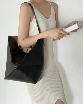 Роскошная новая кожаная складная сумка-тоут, модная ретро-сумка большой емкости, простая повседневная сумка через плечо, портативная сумка-мешок для женщин