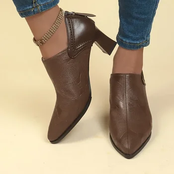 Женская обувь Осенние высококачественные босоножки Женские туфлилодочки С острым носком на квадратном каблуке Женская обувь на высоком каблуке Zapatos De Mujer