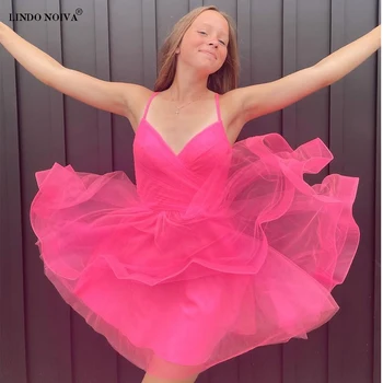 Элегантное Короткое Платье из Розового Тюля для Выпускного Вечера на Бретельках с V-образным вырезом, Мини-Формальное Вечернее Платье 2023 vestidos de festa
