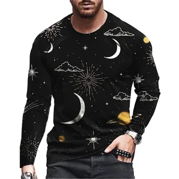 Осень 2024, Винтажная мужская футболка с принтом Звездного неба и Луны, повседневная футболка оверсайз с длинным рукавом, Модный пуловер, мужская одежда Y2k