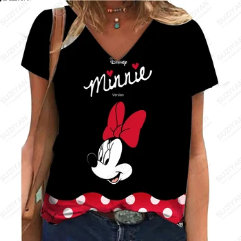 Новинка, хит продаж, женская футболка с коротким рукавом и V-образным вырезом, повседневная футболка с 3D-принтом Minnie, дышащая и удобная уличная футболка