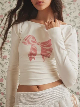 Женские укороченные топы с коротким рукавом и бантиком Y2k, милые футболки для девочек-подростков, винтажные приталенные базовые детские футболки Эстетичной одежды