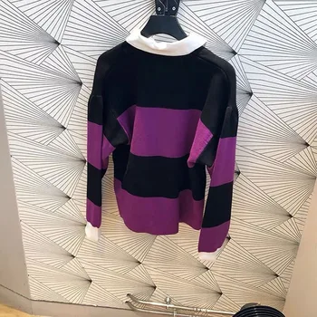 Цена распродажи Весенний новый женский вязаный свитер в полоску на молнии с длинным рукавом в стиле ретро