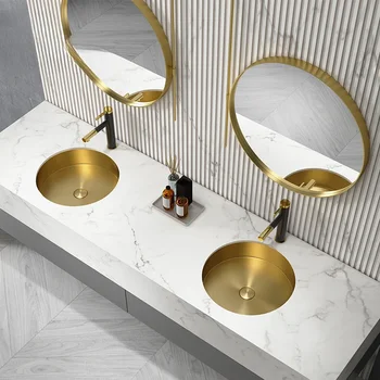 Золотистая круглая раковина для умывальника из нержавеющей стали, встроенная в ванную комнату отеля