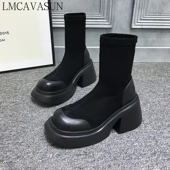 LMCAVASUN/ Черные женские ботинки на платформе с подъемом; сезон весна-осень; ins wind 2023; новый стиль; короткие сапоги для всех