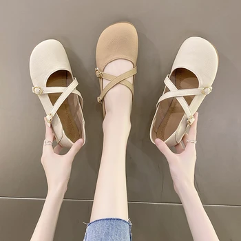 Новинка 2022 года, Весенне-осенняя модная повседневная обувь на плоской подошве с круглым носком и пряжкой, женские кроссовки на плоской подошве с мелким носком.