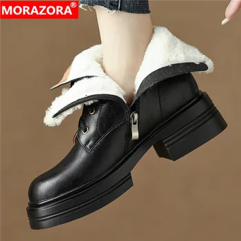 MORAZORA/ 2023 Новые зимние ботинки из натуральной кожи с плюшем, женская обувь на платформе на высоком квадратном каблуке, женские теплые зимние ботинки с узкой резинкой