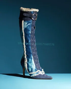 2023, Пикантные сапоги с острым носком, женские меховые сапоги до колена, Синие сапоги с перекрестным ремешком, модное платье, женские туфли на высоком каблуке-шпильке