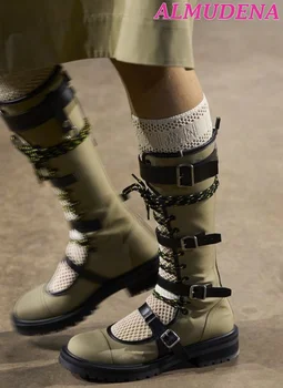 Женские сапоги до колена с круглым носком и пряжкой на плоской подошве 2023, Черные Кожаные ботинки ручной работы на шнуровке, Дизайнерские Удобные модельные туфли большого размера