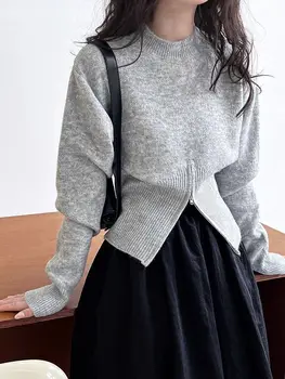 ADAgirl Базовый свитер с имитацией шеи, Женский трикотаж с длинным рукавом, Офисные дамы на молнии, Корейская мода, Тонкая Весенне-осенняя одежда, шик