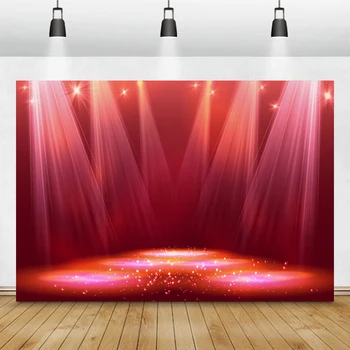 Фон театральной сцены размером 7x5 футов Красные шторы Фон для фотосъемки Прожекторы Деревянный пол Празднование фестиваля Детский душ