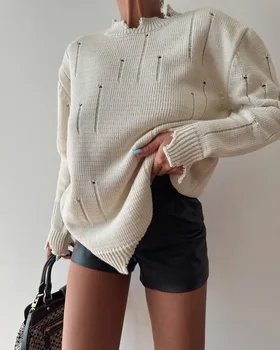 Осенний Новый Свободный пуловер, Женский свитер, повседневный О-образный вырез, потертые дырки, Однотонная модная уличная одежда с длинными рукавами, женский шикарный топ