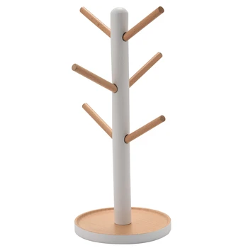 Деревянная кружка Подвесной стеллаж для выставки товаров Полка для напитков с 6 крючками в форме дерева Подставка для хранения кофейных чашек для чая Белая