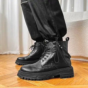 Qvah Owens, мужские мотоциклетные ботинки, кожаные Роскошные кроссовки, повседневные кроссовки, Уличные осенние черные туфли с высоким берцем на шнуровке