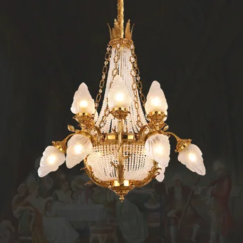 Французский вестибюль с высокими потолками, Большая хрустальная люстра, Медная лампа для виллы, Европейский Роскошный Подвесной светильник для зала из латуни