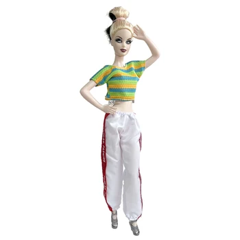 1 комплект модной кукольной одежды в полоску, комплект одежды для Барби, спортивная одежда, аксессуары для кукол 1/6, Футболка, Белые брюки, Игрушки для брюк