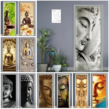 Портрет Будды 3D Дверная Наклейка Самоклеящаяся Водонепроницаемая Настенная Роспись для Ремонта Гостиной Религиозные Настенные Наклейки