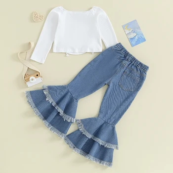 Комплекты расклешенных джинсов из 2 предметов для маленьких девочек, трикотажная рубашка в рубчик с длинным рукавом, двухслойные расклешенные джинсовые брюки