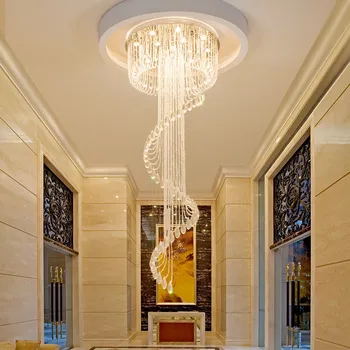 Современная двойная винтовая лестница, люстра из хрусталя, потолочный светильник в стиле лофт, ресторан, холл отеля, длинные светильники освещения