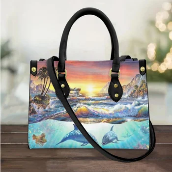 Женские сумки FORUDESIGNS Sunset Scenery Dolphin, модные кожаные сумки-тоут, модная женская сумка для рук большой емкости.