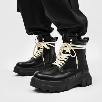 Qvah Owens/ Мужские повседневные ботинки; роскошные кроссовки из натуральной кожи; кроссовки на шнуровке; уличные осенние туфли на плоской подошве с высоким берцем; Черные туфли на плоской подошве;